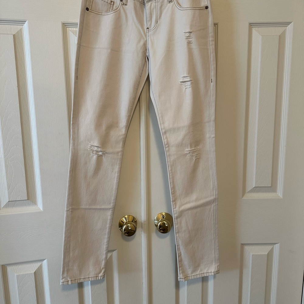 CAbi Cream Slim Jeans with Distressing